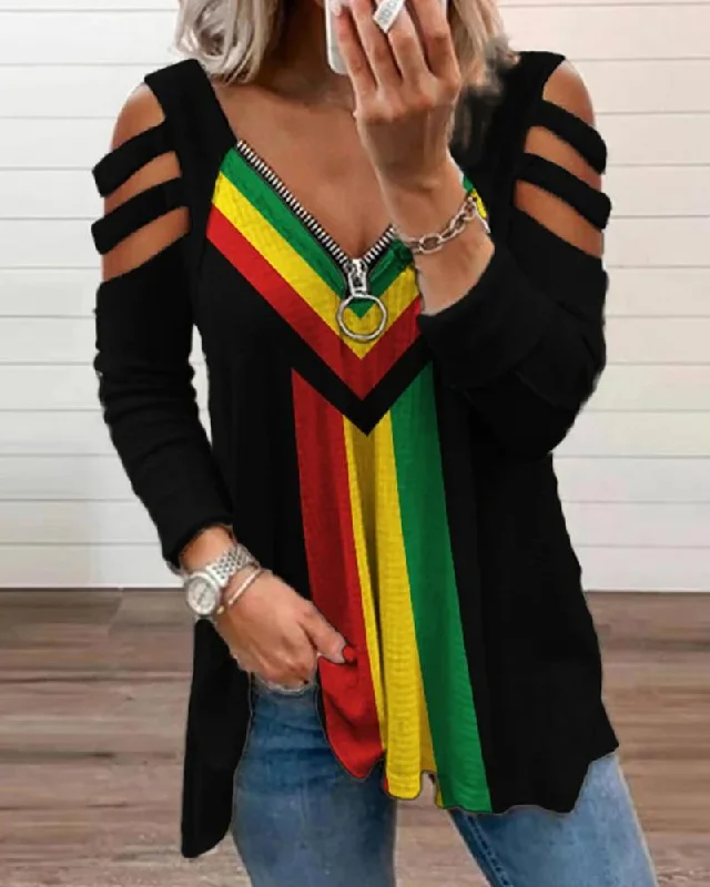 Black Pride Rasta Stripe Cutout Shoulder T Shirt