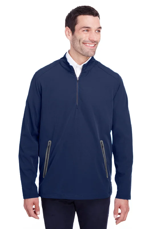 North End Mens Quest Performance Moisture Wicking 1/4 Zip Sweatshirt w/ Pockets - Classic Navy Blue/Carbon Grey - Closeout