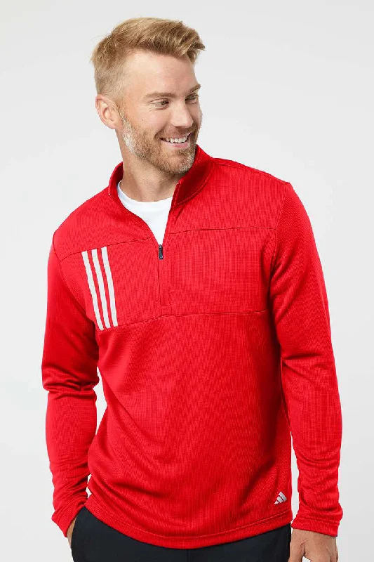 Adidas Mens 3 Stripes Double Knit Moisture Wicking 1/4 Zip Sweatshirt - Team Collegiate Red/Grey