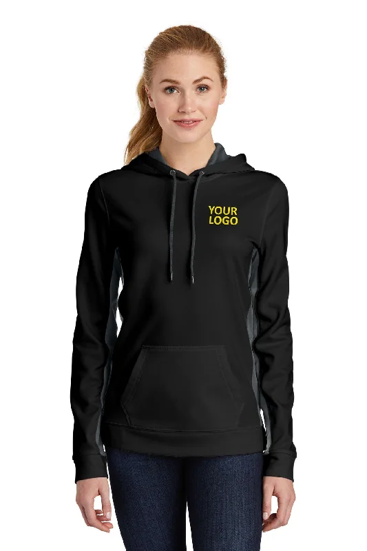 Sport-Tek Ladies Sport-Wick Fleece Colorblock Customized Hooded Pullovers, Black/ Dark Smoke Grey