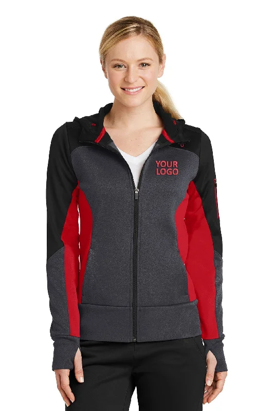 Sport-Tek Ladies Tech Fleece Colorblock Branded Full-Zip Hooded Jackets, Black/ Graphite Heather/ True Red