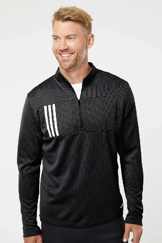 Adidas Mens 3 Stripes Double Knit Moisture Wicking 1/4 Zip Sweatshirt - Black