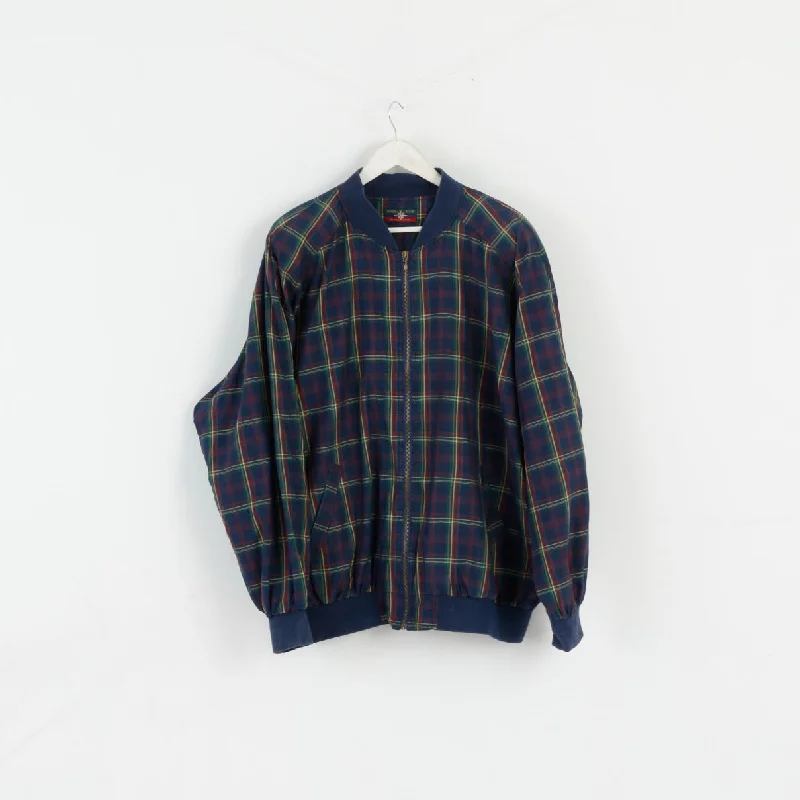 Bison Club Scandinavia Men XXL Jacket Navy Check Silk Bomber Shoulder Pads Bomber Top