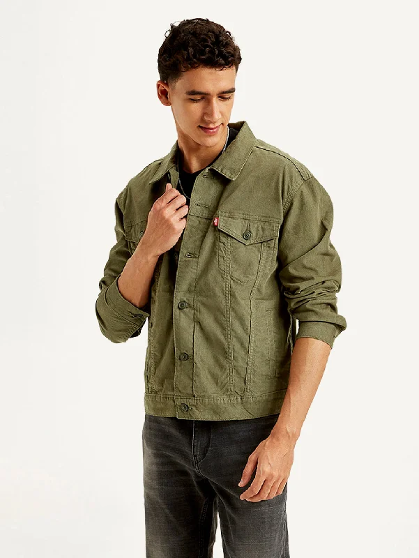 Men's Solid Olive Spread Collar Jacket