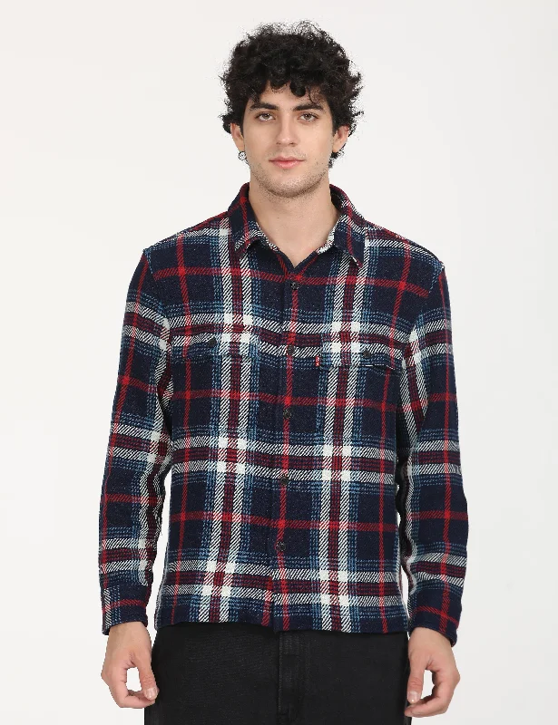 Men's Plaid Navy Spread Collar Shacket