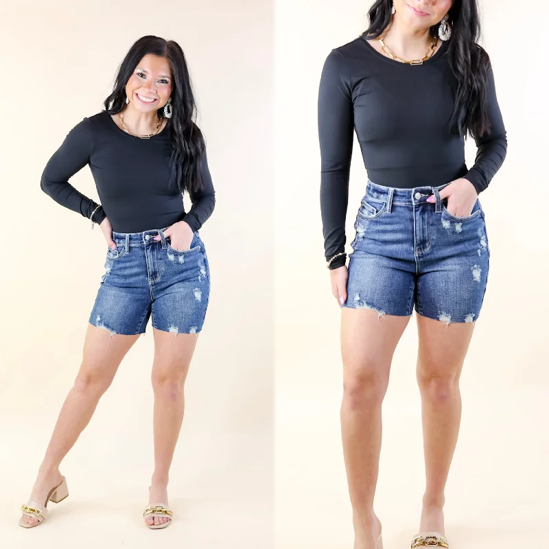 Judy Blue | Heat of the Moment High Rise Mid Thigh Distressed Denim Shorts in Dark Wash