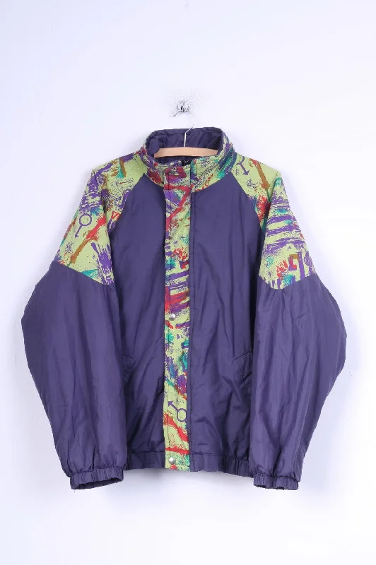 Retro Men L Jacket Purple Festival Padded Zippered Cotton Blend Bomber