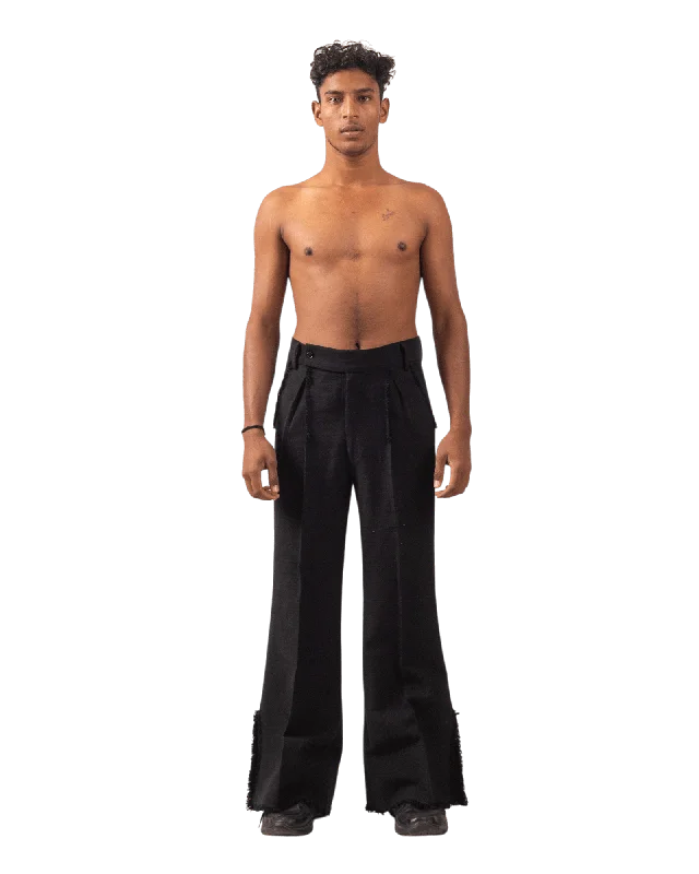 BLACK FRAYED KHADDAR DOUBLE-PLEATED PANTS