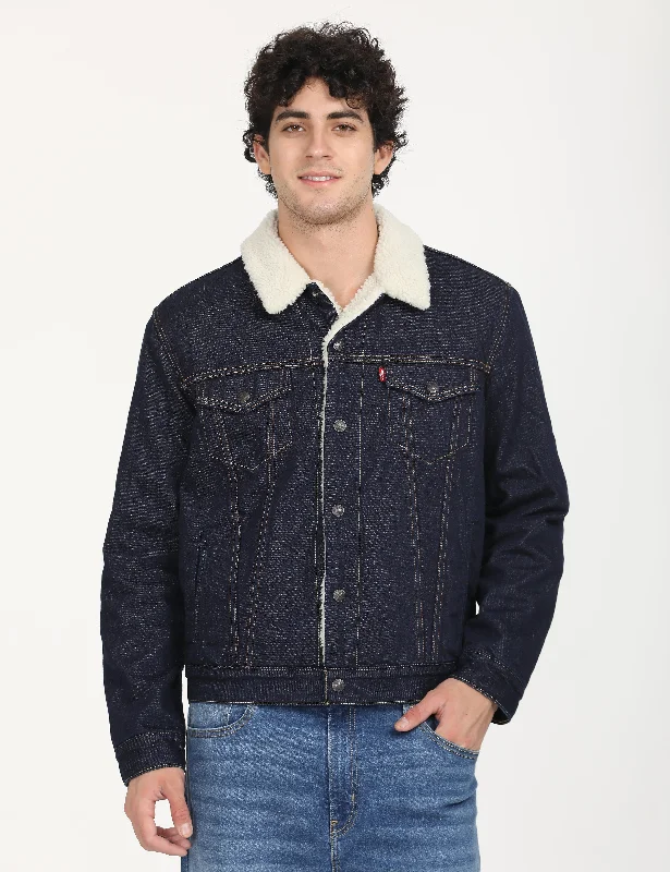 Men's Solid Navy Spread Collar Denim Jacket