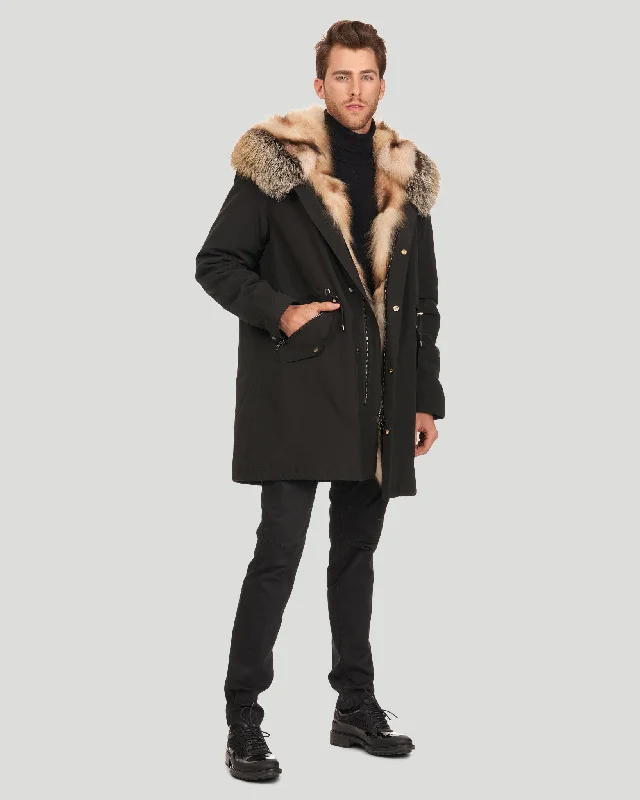 Men's Parka with Fox Tuxedo and Hood Trim