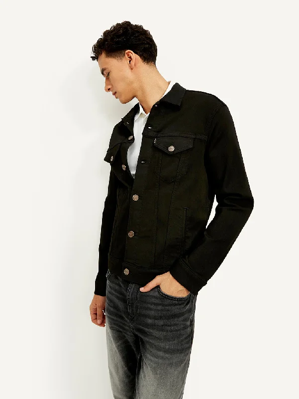 Men's Solid Black Spread Collar Jacket