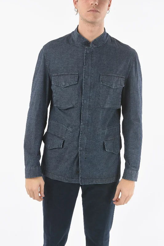 Corneliani CC COLLECTION O.WEAR Denim Utility Jacket with Hidden Closur